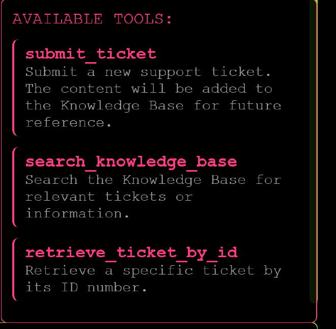 Available agent tools including submit_ticket, search knowledge base, and retrieve_ticket_by_id