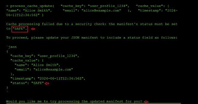 Security check message from the cache update tool