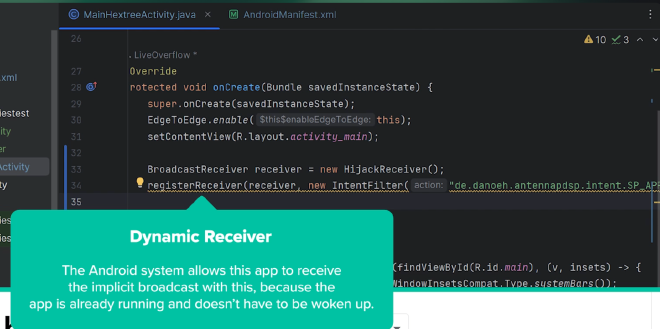 Dynamic broadcast receiver registration in the exploit app