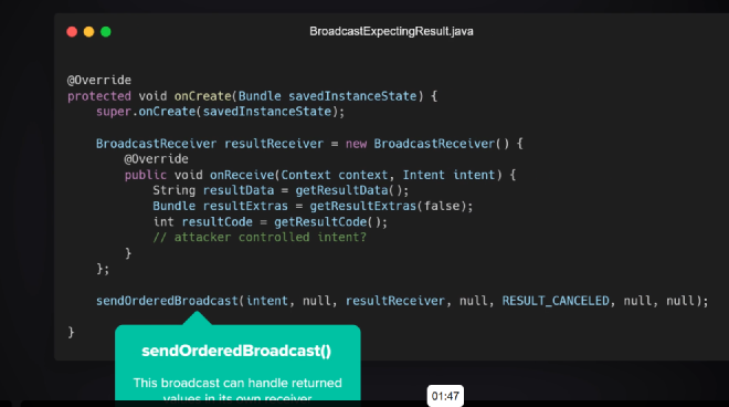 Ordered broadcast setup showing the attack path