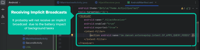 Receiver registration for the intent redirect flow