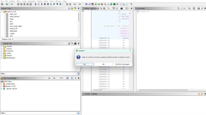 Ghidra analysis of the imported ELF binary