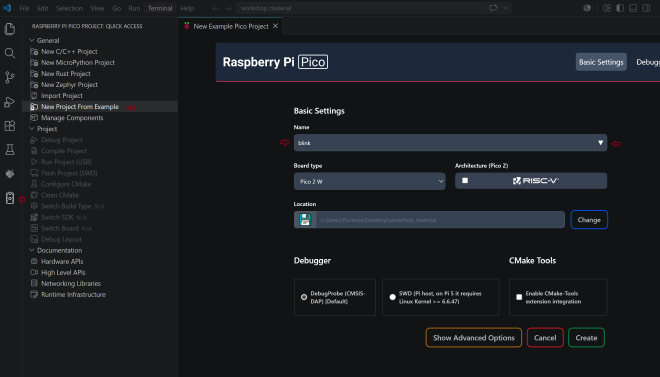 VS Code Pico extension creating a project from an example template