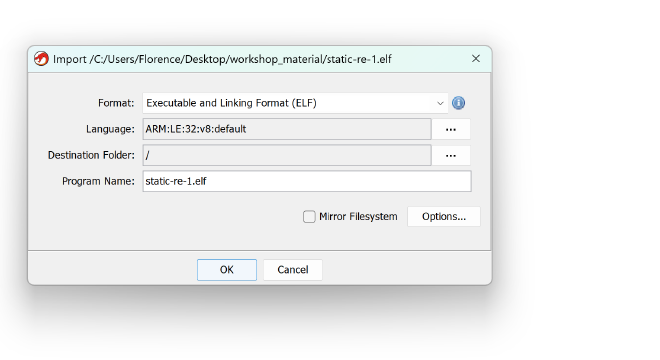 Importing the ELF file into Ghidra