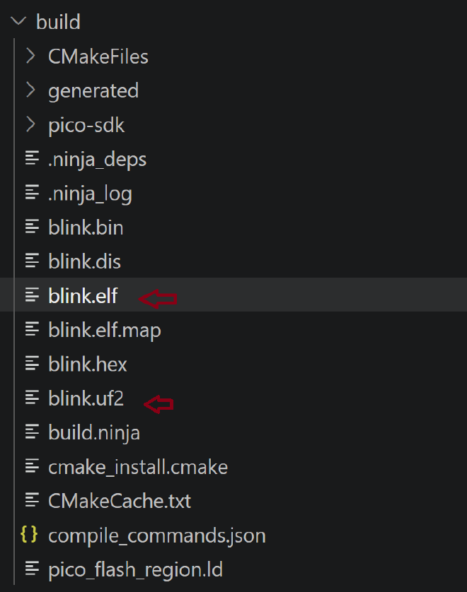 Build output showing the ELF and UF2 artifacts