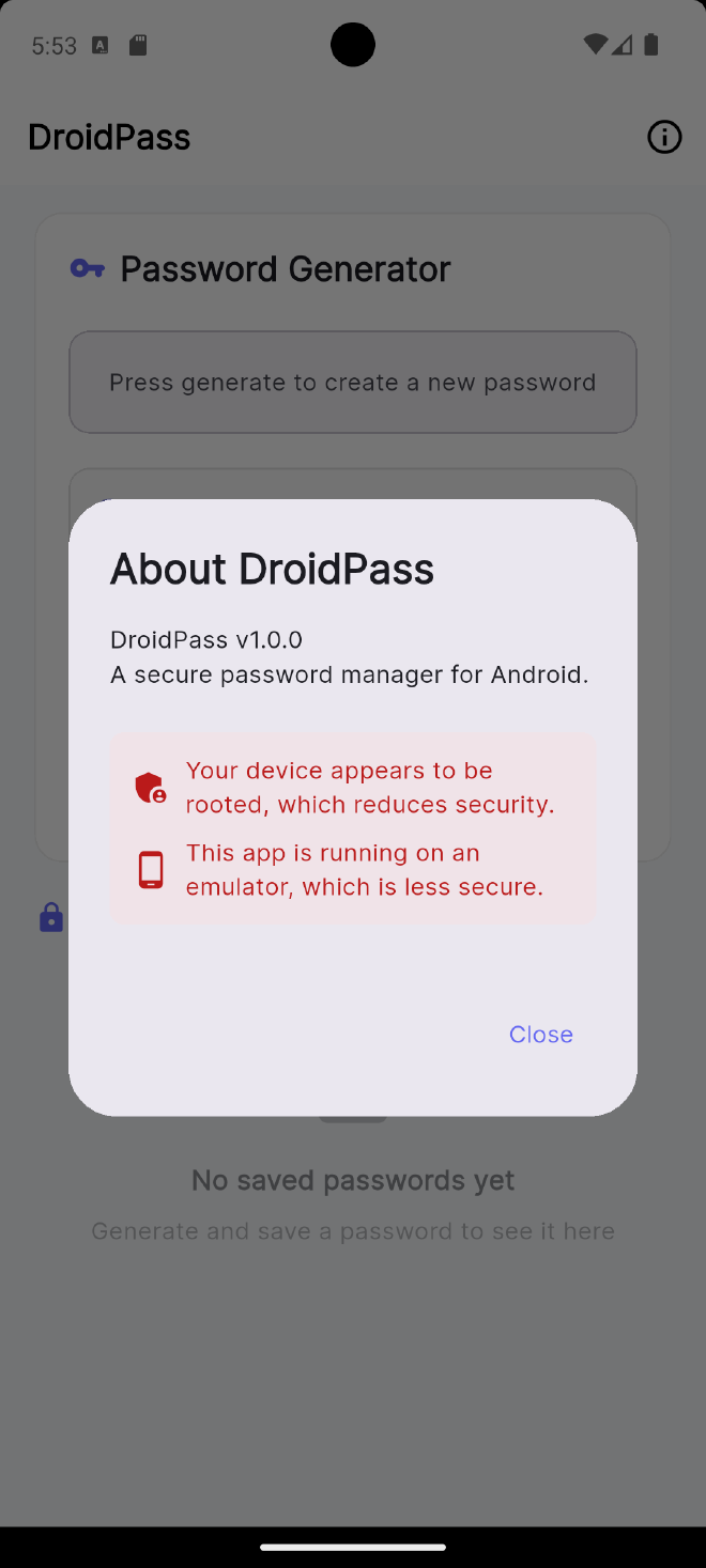 Root and emulator detection check in DroidPass