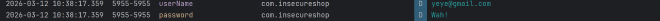 Log output exposing the saved username and password